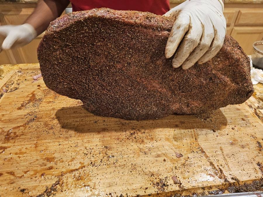 Brisket coated in PalBQ's Holy Land spice rub